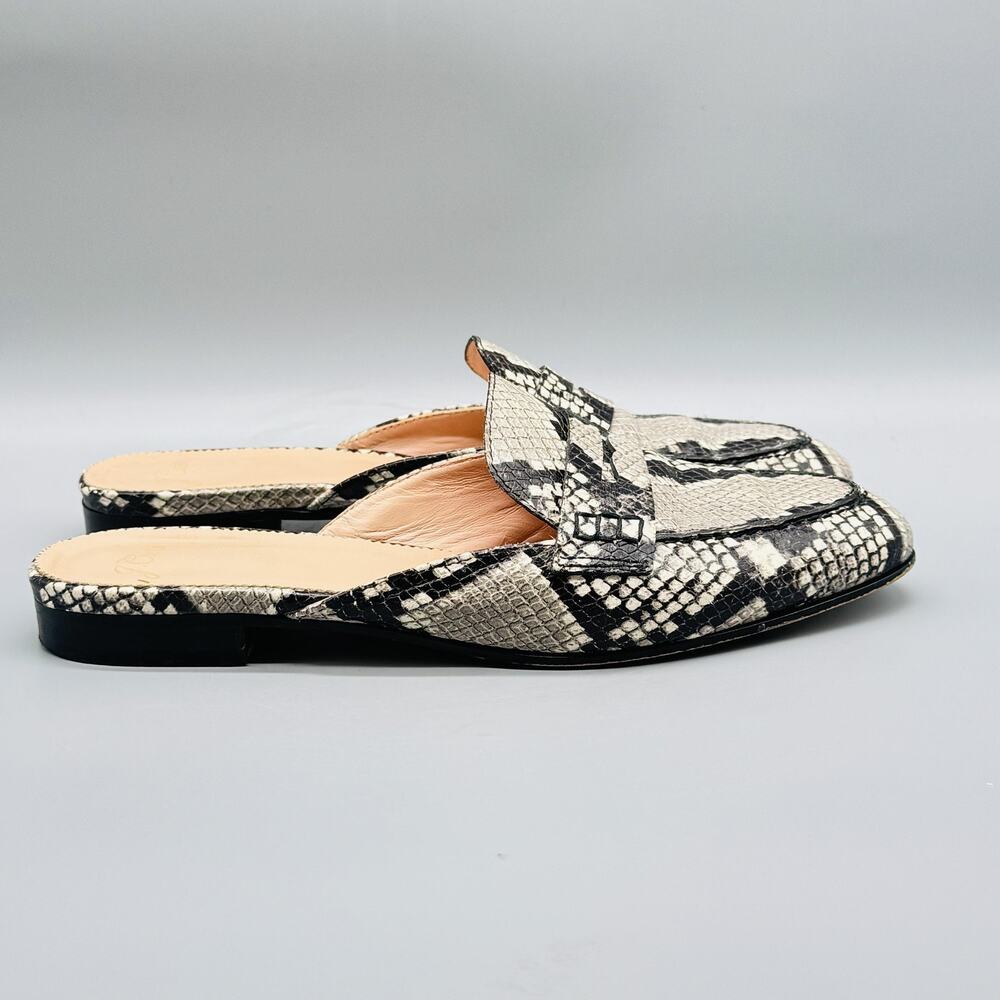 J Crew Shoes Womens 8.5 Gray Black Leather Mule Loafer Academy Snakeskin Slip On